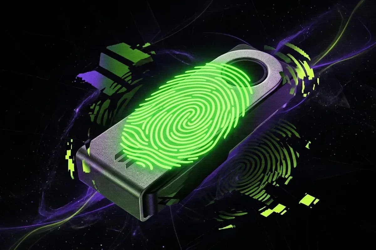 Glowing green fingerprint displayed on a hardware ledger to represent verification of the GOAT Solana mint