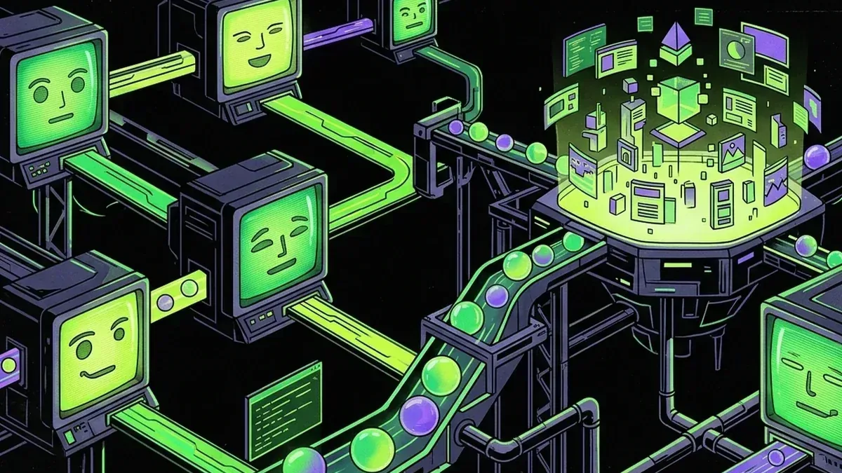Network of AI terminal faces sending token orbs toward a permissionless digital market