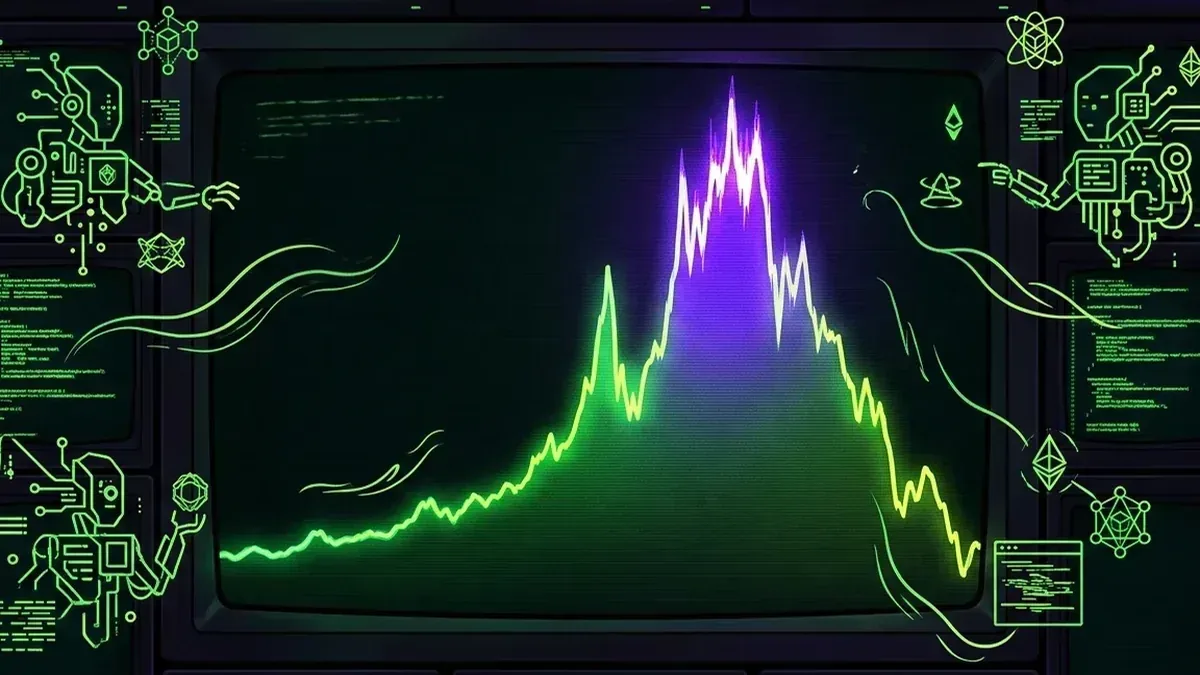 GOAT price chart rising to a purple peak and falling across a green terminal display