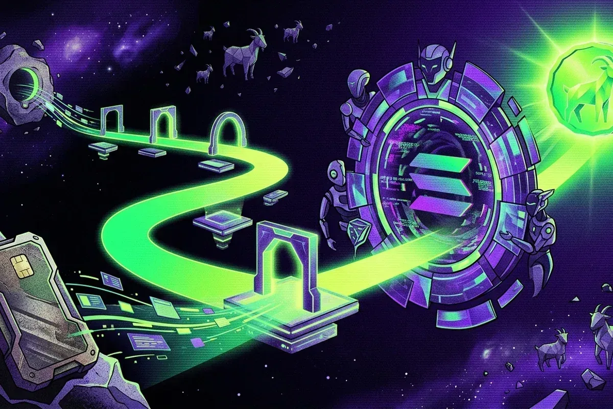 Secure path connecting a hardware wallet, Solana swap portal, and GOAT token across a dark space scene