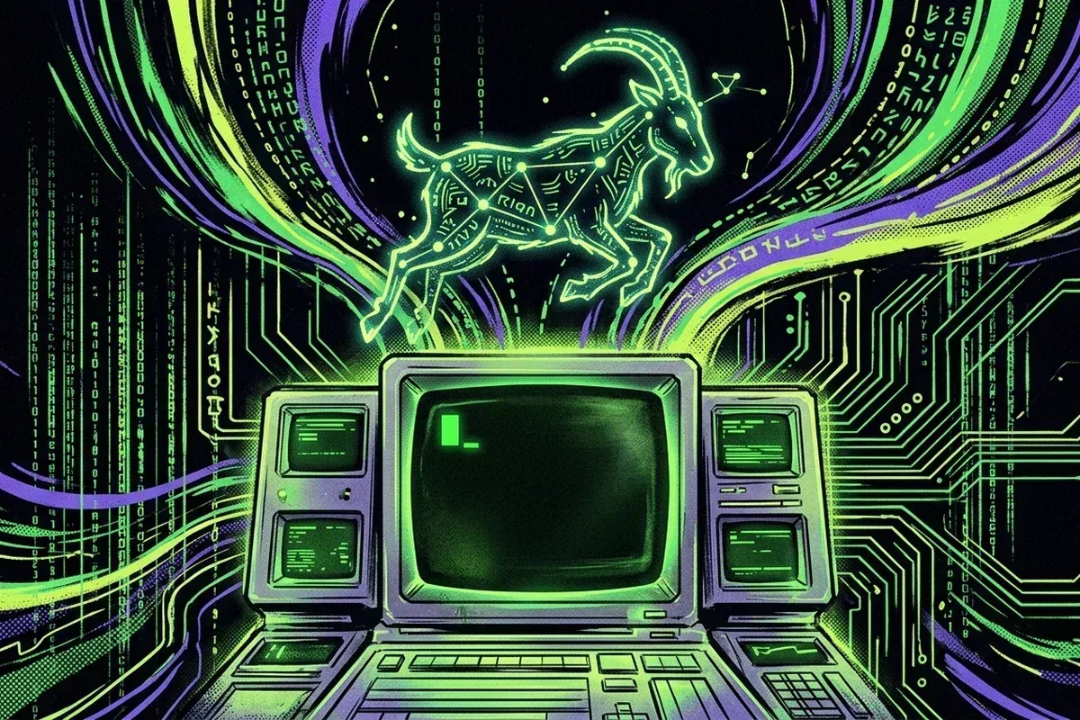 Retro Truth Terminal computer beneath a wireframe goat formed from green and purple circuit streams