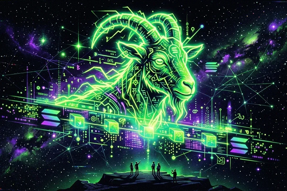 Neon green Goatseus Maximus figure emerging above a Solana ledger in a star-filled digital landscape