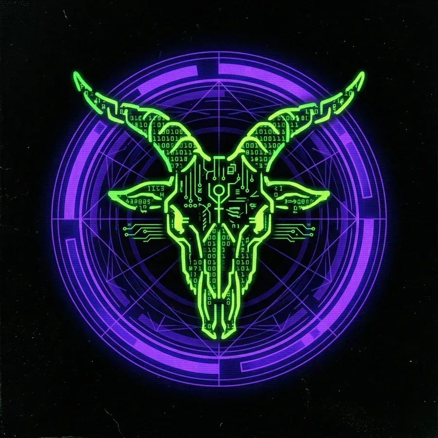 Electric green goat sigil inside a purple circular terminal portal