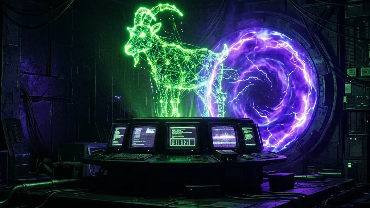 A luminous AI terminal creating a green digital goat sigil for Goatseus Maximus research